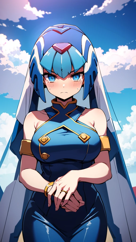 Leviathan_Megamanz, 1 Girl, looking at viewer, blue hair, Blue eyes,Clouds background , Blushed ,  , Wedding ring, Glasses, chibi , cool glasses, crying, funeral clothes , Black Dress, Left Hand on face crying , Right Hand holding Bouquet of flowers 