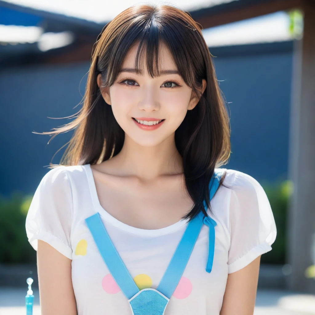 8K, Ultra-high resolution, Highest quality, masterpiece, 三分割法によるphotograph,Surreal, photograph, 1 girl, (16 years old:1.3), pretty girl, Cute face, Beautiful eyes in every detail, 細かくdetailedに,masterpiece,, One Girl:1.2, Japan Female Announcer,whole body、Black Hair、well-groomed eyebrows、Cute Lip Makeup、Urban area,Sprinkling water with a hose,summer,Sparkling sunlight,White T-shirt,Cute gestures、so beautiful,A carefree smile,Healing the heart,blunt bangs,Looking at the audience、beauty,Long neck、Laugh a little、Please close your mouth and laugh、(((Ideal body type))),A-cup small breasts :2,、Portraiture:2、Perfect ???????、鮮明なdetailed、detailed、Surreal、Light and shadow,Strong light