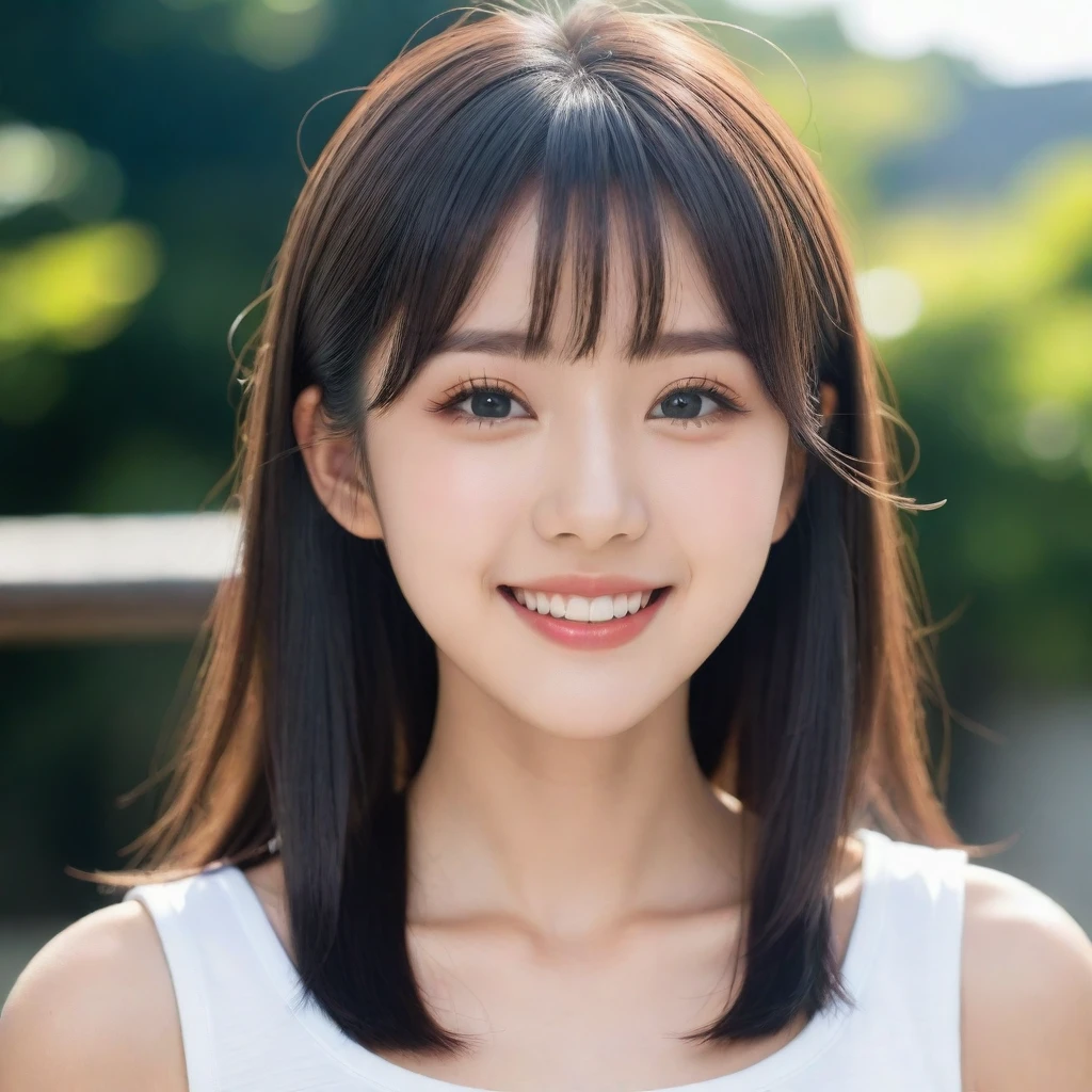 8K, Ultra-high resolution, Highest quality, masterpiece, 三分割法によるphotograph,Surreal, photograph, 1 girl, (:1.3), pretty girl, Cute face, Beautiful eyes in every detail, 細かくdetailedに,masterpiece,, One Girl:1.2, Japan Female Announcer,whole body、Black Hair、well-groomed eyebrows、Cute Lip Makeup、Urban area,Sprinkling water with a hose,summer,Sparkling sunlight,White T-shirt,Cute gestures、so beautiful,A carefree smile,Healing the heart,blunt bangs,Looking at the audience、beauty,Long neck、Laugh a little、Please close your mouth and laugh、(((Ideal body type))),A-cup small breasts :2,、Portraiture:2、Perfect Anatomy、鮮明なdetailed、detailed、Surreal、Light and shadow,Strong light