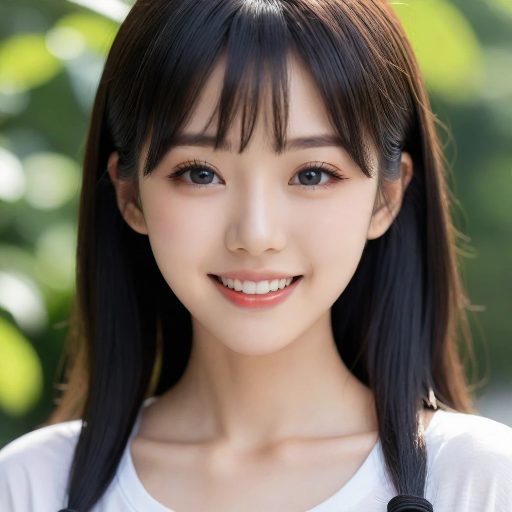 8K, Ultra-high resolution, Highest quality, masterpiece, 三分割法によるphotograph,Surreal, photograph, 1 girl, (16 years old:1.3), pretty girl, Cute face, Beautiful eyes in every detail, 細かくdetailedに,masterpiece,, One Girl:1.2, Japan Female Announcer,whole body、Black Hair、well-groomed eyebrows、Cute Lip Makeup、Urban area,Sprinkling water with a hose,summer,Sparkling sunlight,White T-shirt,Cute gestures、so beautiful,A carefree smile,Healing the heart,blunt bangs,Looking at the audience、beauty,Long neck、Laugh a little、Please close your mouth and laugh、(((Ideal body type))),A-cup small breasts :2,、Portraiture:2、Perfect Anatomy、鮮明なdetailed、detailed、Surreal、Light and shadow,Strong light