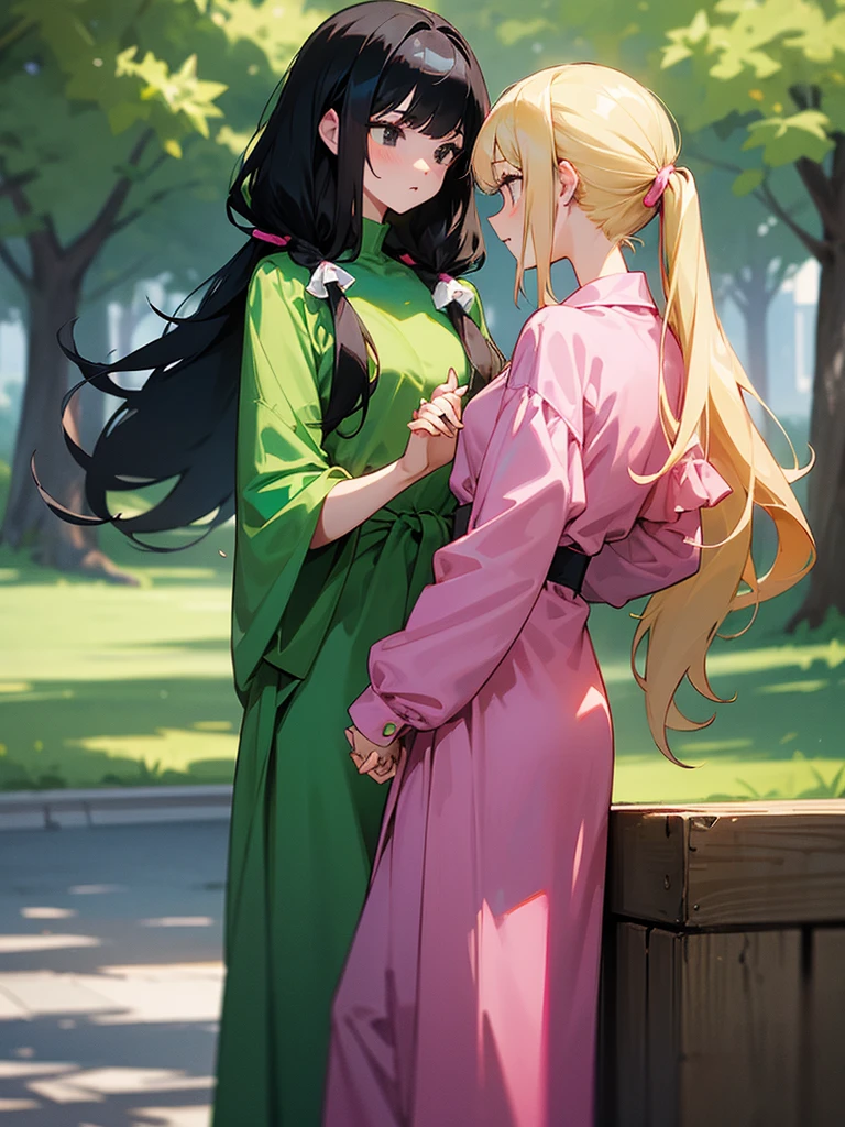 Two adult girls holding hands, One wears two blonde pigtails falling over her shoulders and a pink jumpsuit-type dress while the other wears a long-sleeved green dress., He has black eyes and black hair, long, loose hair without any ties, Her hair reaches her waist and she has straight bangs., loose hair with bangs, in a park, staring, the girl with black hair has it long and loose, she is taller than the blonde girl