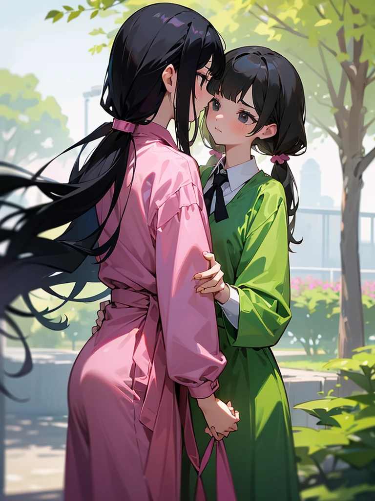 Two adult girls holding hands, One wears two blonde pigtails falling over her shoulders and a pink jumpsuit-type dress while the other wears a long-sleeved green dress., He has black eyes and black hair, long, loose hair without any ties, Her hair reaches her waist and she has straight bangs., loose hair with bangs, in a park, staring, the girl with black hair has it long and loose, she is taller than the blonde girl