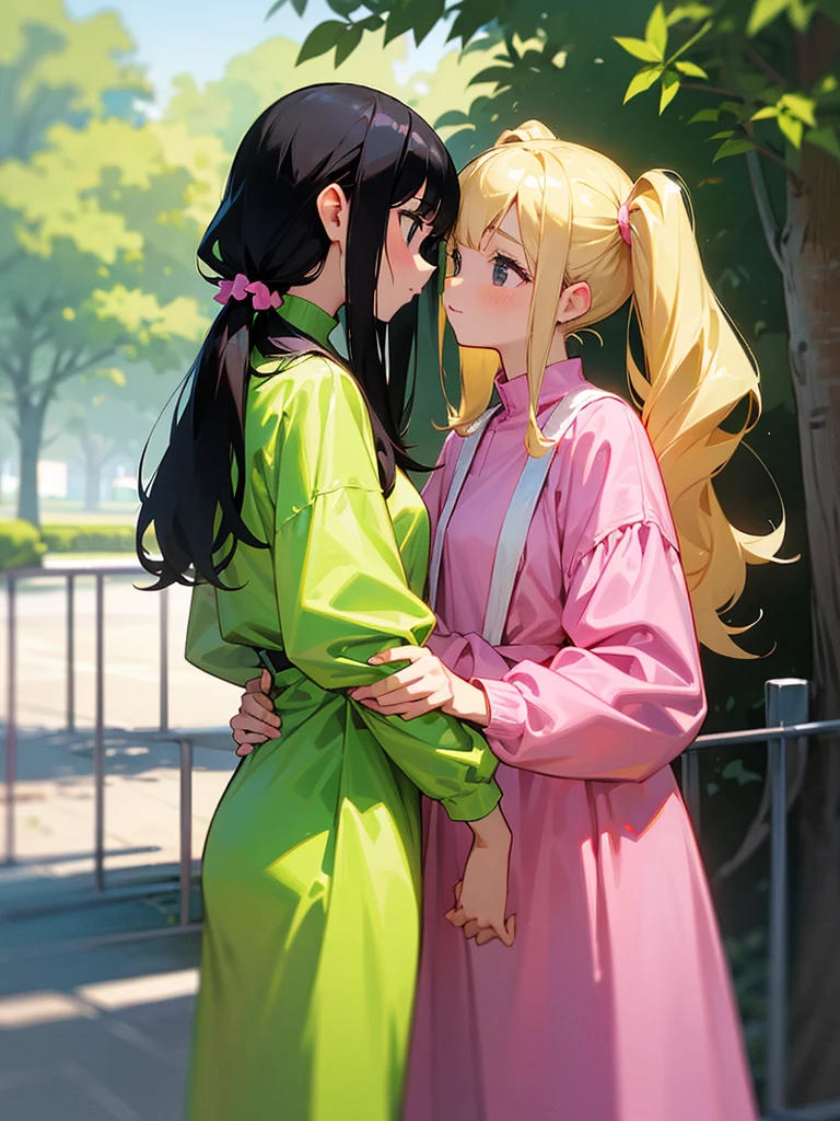 Two adult girls holding hands, One wears two blonde pigtails falling over her shoulders and a pink jumpsuit-type dress while the other wears a long-sleeved green dress., He has black eyes and black hair, long, loose hair without any ties, Her hair reaches her waist and she has straight bangs., loose hair with bangs, in a park, staring, the girl with black hair has it long and loose, she is taller than the blonde girl