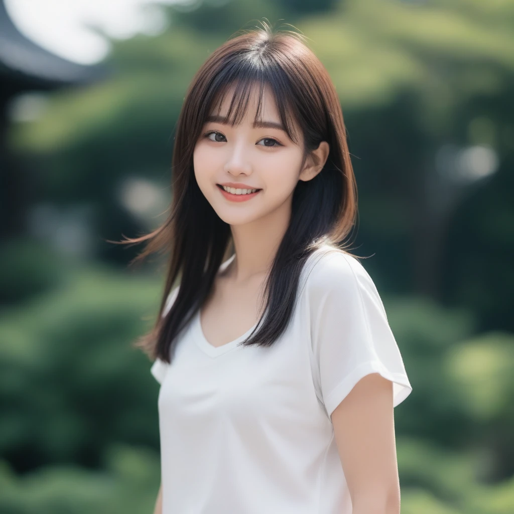 8K, Ultra-high resolution, Highest quality, masterpiece, 三分割法によるphotograph,Surreal, photograph, 1 girl, (16 years old:1.3), pretty girl, Cute face, Beautiful eyes in every detail, 細かくdetailedに,masterpiece,, One Girl:1.2, Japan Female Announcer,whole body、Black Hair、well-groomed eyebrows、Cute Lip Makeup、Urban area,Sprinkling water with a hose,summer,Sparkling sunlight,White T-shirt,Cute gestures、so beautiful,A carefree smile,Healing the heart,blunt bangs,Looking at the audience、beauty,Long neck、Laugh a little、Please close your mouth and laugh、(((Ideal body type))),A-cup small breasts :2,、Portraiture:2、Perfect ???????、鮮明なdetailed、detailed、Surreal、Light and shadow,Strong light