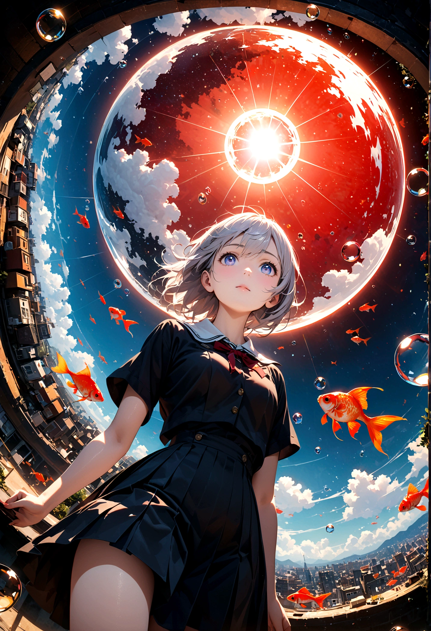 woman\(student, 15 years old, JK, Short silver hair floating, Space-colored eyes, school black uniform, Pale skin, Tired face、lack of shine in the eyes\) Looking up at the sky, (Many shiny red scale goldfish swimming in the air), (Transparent bubbles, like those in water, sparkle here and there in the sky.), Beautiful sky, Beautiful Clouds, There is a puddle on the ground、The scenery is beautifully reflected, Looking up at the wide sky from a narrow back alley in a cluttered downtown area, Colorful summer flowers are blooming everywhere., I see the wind blowing and shining, There is a noon moon and a noon star in the sky,From below, break ,quality\(8k,非常に精細なCGユニットのwallpaper, masterpiece,High resolution,top-quality,top-quality real texture skin,Surreal,Increase the resolution,RAW Photos,最高quality,Very detailed,wallpaper,Cinema Lighting,Ray-tracing,Golden Ratio\),Take the long view