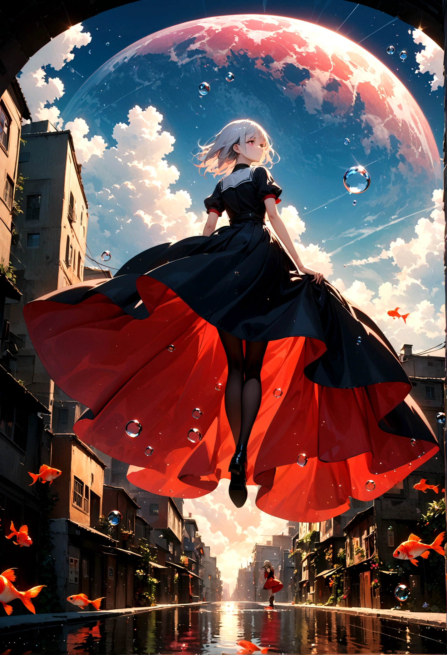 woman\(student, 15 years old, ＪＫ, Short silver hair floating, Space-colored eyes, school black uniform, Pale skin, Tired face、lack of shine in the eyes\) Looking up at the sky, (Many shiny red scale goldfish swimming in the air), (Transparent bubbles, like those in water, sparkle here and there in the sky.), Beautiful sky, Beautiful Clouds, There is a puddle on the ground、The scenery is beautifully reflected, Looking up at the wide sky from a narrow back alley in a cluttered downtown area, Colorful summer flowers are blooming everywhere., I see the wind blowing and shining, There is a noon moon and a noon star in the sky,From below, break ,quality\(8K,非常に精細なCGユニットのwallpaper, masterpiece,High resolution,top-quality,top-quality real texture skin,Surreal,Increase the resolution,RAW Photos,最高quality,Very detailed,wallpaper,Cinema Lighting,Ray-tracing,Golden Ratio\),Take the long view