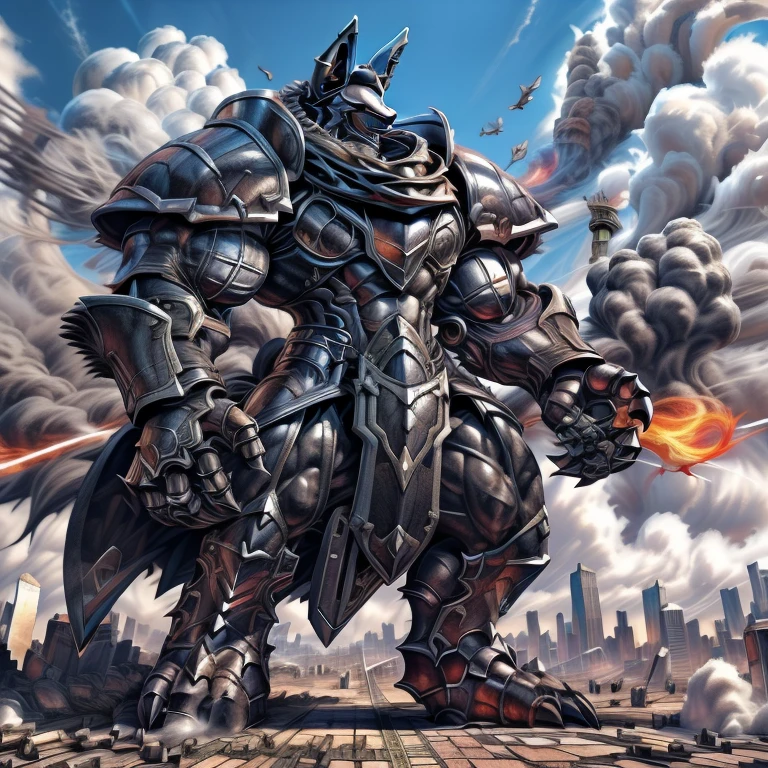 (solo. masterpiece. official art. 8k. best quality. detailed full body. full body.)
(situation 1 : dominating LUCARIO. LUCARIO is over 1000 meters long. focus GIANT mechanical Muscular LUCARIO is trampling the city. Looking down. macro. stomp. Low-angle perspective. emphasizing the immense size.)
(situation 2 :smoke and flames rising from the destruction in the city)
(Additional details 1: wearing a full-face helmet. high-tech bio-mecha armor. real texture material. whole body shines like metal. Wearing cyberpunk mecha. emphasizes the muscles. suit fully made of metal. intricate armor. Robotic suit. suit fully made of metal. cyborg. Powered exoskeleton with the same design as LUCARIO).
(Additional details 2: (Detailed head. Detailed Body. Detailed abs. gigantic muscles. HYPER MUSCLES. Gigachad Muscular. big muscle. pecs. triceps. traps. unusually developed muscular body. body full of huge muscles. showing off muscles. pectorales enormes. Exaggeratedly huge muscles. huge muscles. long legs.).