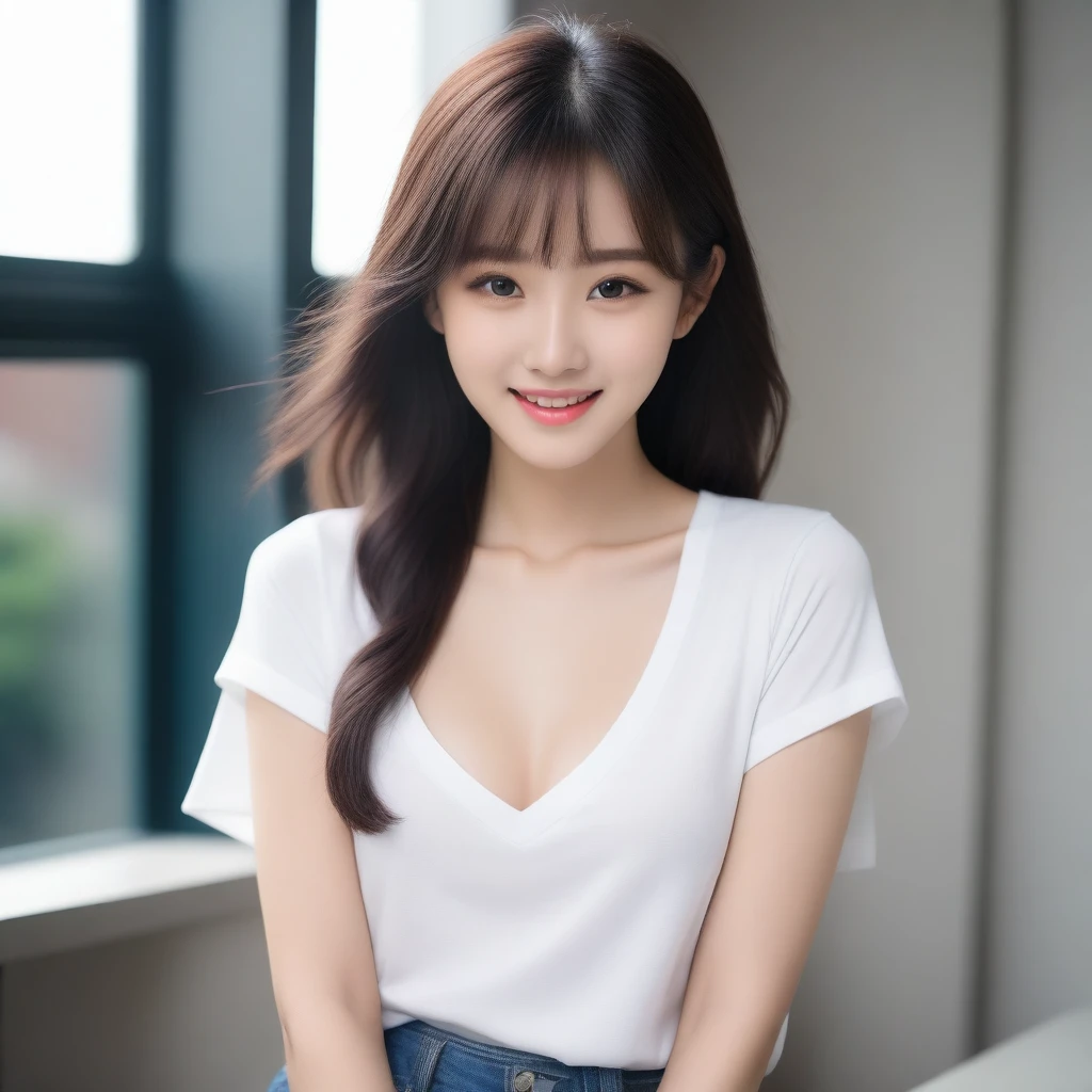 8K, Ultra-high resolution, Highest quality, masterpiece, 三分割法によるphotograph,Surreal, photograph, 1 girl, (:1.3), pretty girl, Cute face, Beautiful eyes in every detail, 細かくdetailedに,masterpiece,, One Girl:1.2, Japan Female Announcer,whole body、Black Hair、well-groomed eyebrows、Cute Lip Makeup、Urban area,Sprinkling water with a hose,summer,Sparkling sunlight,White T-shirt,Cute gestures、so beautiful,A carefree smile,Healing the heart,blunt bangs,Looking at the audience、beauty,Long neck、Laugh a little、Please close your mouth and laugh、(((Ideal body type))),A-cup small breasts :2,、Portraiture:2、Perfect Anatomy、鮮明なdetailed、detailed、Surreal、Light and shadow,Strong light