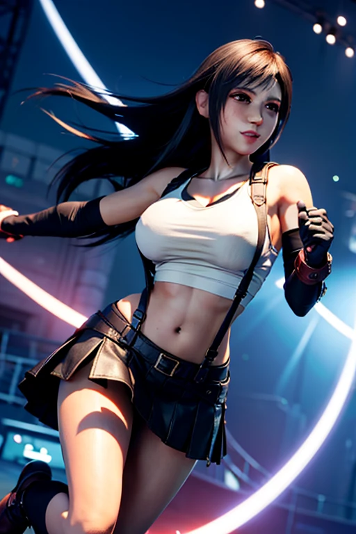 8K,Masterpiece artwork, better quality,huge tit、（1 girl in）、tifa lockhart、rot_eyeballs、Bblack hair、long hair、Flying hair， Adult beauty、shining skin、large and bright、 ((maximum quality))、 sharp focus:1.2、Highly detailed facial and skin texture、A detailed eye、face perfect、perfect bodies、Artwork by、CG、blur the background、Large breasts with strong presence、（20 year,mature face, cool and beautiful）、don ((Black Skirt with Suspenders)),(( black elbow gloves,Stretched white shirt、thighhigh、white tops、ankle boots、red boots、a navel、rot blush))、juke-box、Old bar、trunk、a smirk,Professional-looking light source、Flying hair、random angles、 Low waist，thighhigh grossa、Facial Lights， cinematic lighting、midgar、random poses