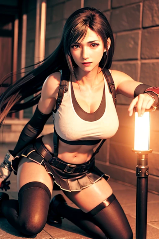 8K,Masterpiece artwork, better quality,huge tit、(1 girl in)、tifa lockhart、rot_eyeballs、Bblack hair、long hair、Flying hair, Adult beauty、shining skin、large and bright、 ((maximum quality))、 sharp focus:1.2、Highly detailed facial and skin texture、A detailed eye、face perfect、perfect bodies、Artwork by、CG、blur the background、Large breasts with strong presence、(20 year,mature face, cool and beautiful)、don ((Black Skirt with Suspenders)),(( black elbow gloves,Stretched white shirt、thighhigh、white tops、ankle boots、red boots、a navel、rot blush))、juke-box、Old bar、trunk、a smirk,Professional-looking light source、Flying hair、random angles、 Low waist,thighhigh grossa、Facial Lights, cinematic lighting、midgar、random poses
