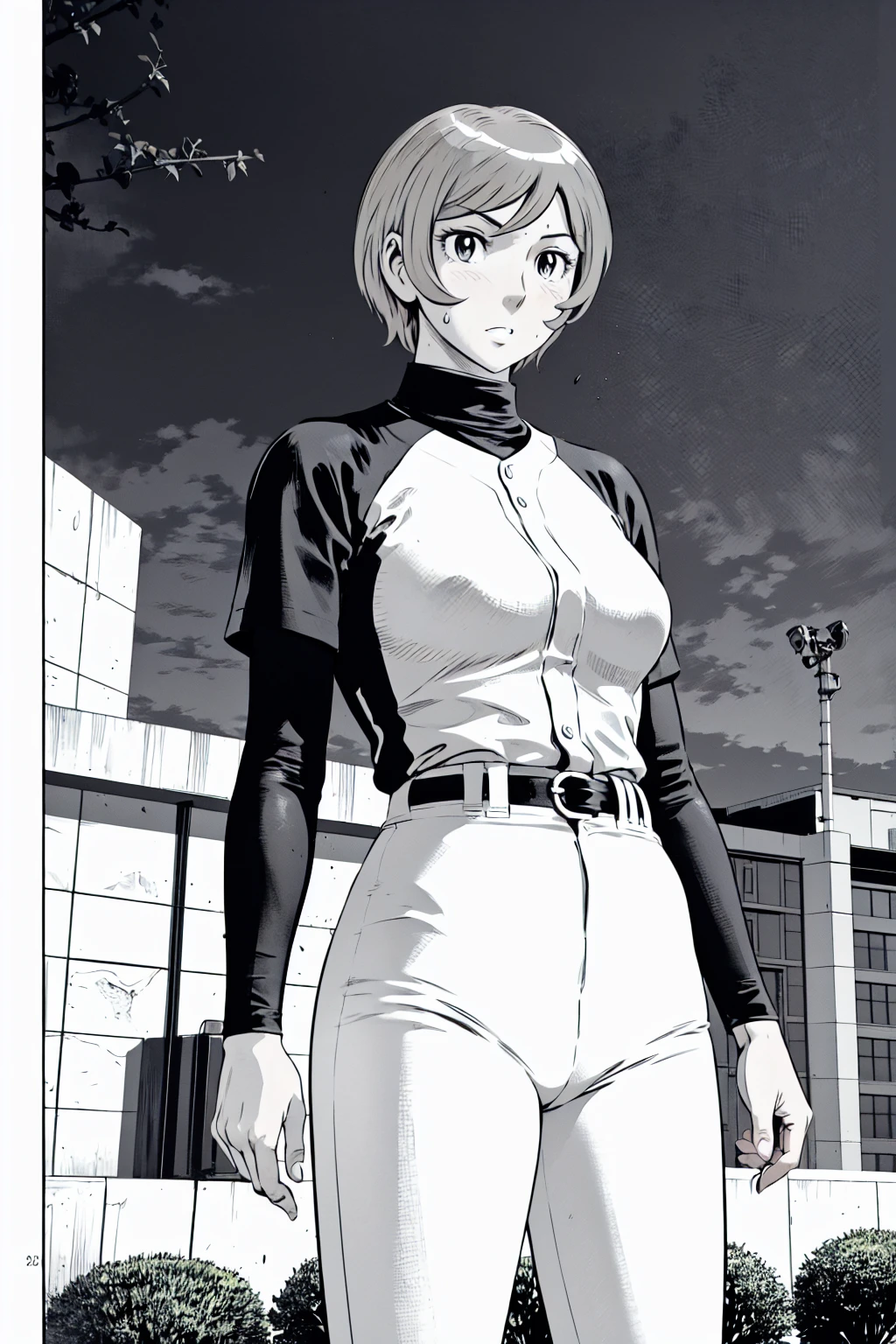 (野球uniform:1.2),
Blonde Hair, (short hair:1.2),Long sleeve, Black Shirt, turtleneck,White trousers、uniform、Black belt、((Illustration of people))、Big Boobs、
View Audience,, (Highest quality:1.3),One Girl, White pants、uniform、Outdoor、baseball ground、ground、soil、blue eyes、Tight black shirt、(masterpiece、Highest quality)、Highest quality, Ultra-high resolution, (((masterpiece))), alone, Sweat、Big eyes、Big Breasts、One Girl, Front view、Embarrassed face、Bronze colored hair、((short hair))、Stand up straight、Cowboy Shot