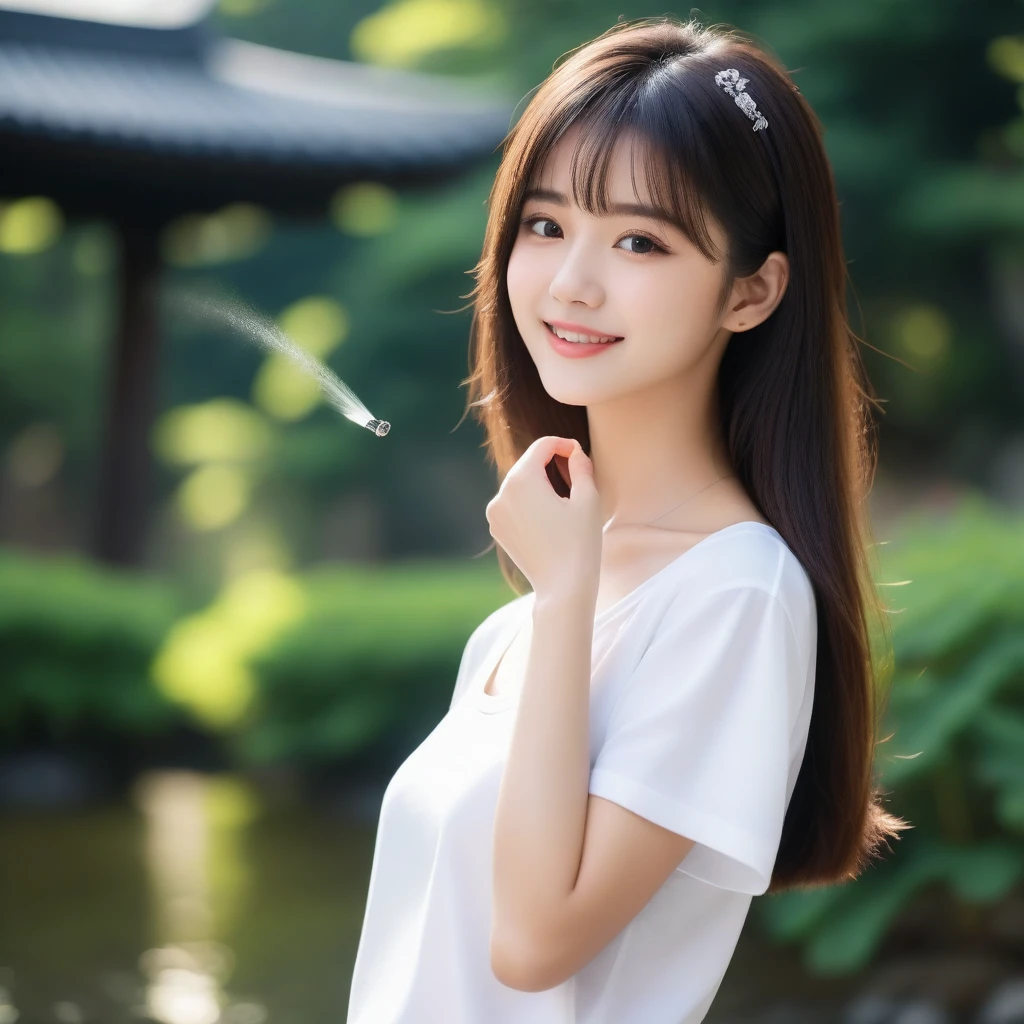 8K, Ultra-high resolution, Highest quality, masterpiece, 三分割法によるphotograph,Surreal, photograph, 1 girl, (:1.3), pretty girl, Cute face, Beautiful eyes in every detail, 細かくdetailedに,masterpiece,, One Girl:1.2, Japan Female Announcer,whole body、Black Hair、well-groomed eyebrows、Cute Lip Makeup、Urban area,Sprinkling water with a hose,summer,Sparkling sunlight,White T-shirt,Cute gestures、so beautiful,A carefree smile,Healing the heart,blunt bangs,Looking at the audience、beauty,Long neck、Laugh a little、Please close your mouth and laugh、(((Ideal body type))),A-cup small breasts :2,、Portraiture:2、Perfect Anatomy、鮮明なdetailed、detailed、Surreal、Light and shadow,Strong light