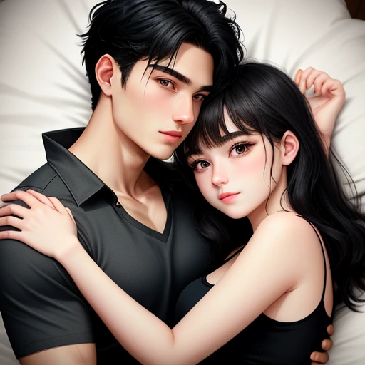 Couple hug scene bed at night. Dimly lit vibes.
28-year-old boy and 18-year-old girl, Detailed face, Detailed eyes, double eyelid,, Handsome-masculine-cool-warm-boy with black hair use security uniform and hot-seductive-sexy-cute-beautiful-girl with black hair and blushing face use tanktop. Intimate vibes.
