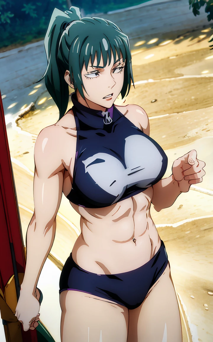 Zenin Maki, Bikini ,green hair, big , arm's wide open,curved waist,to be, curved, dark green hair, well proportioned,muscular,big thighs,medium chest.
