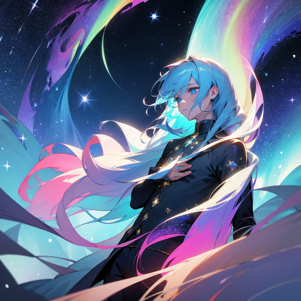 Boy with hair and eyes made of stars body made of stars, night auroras and comets with clothes made of snow