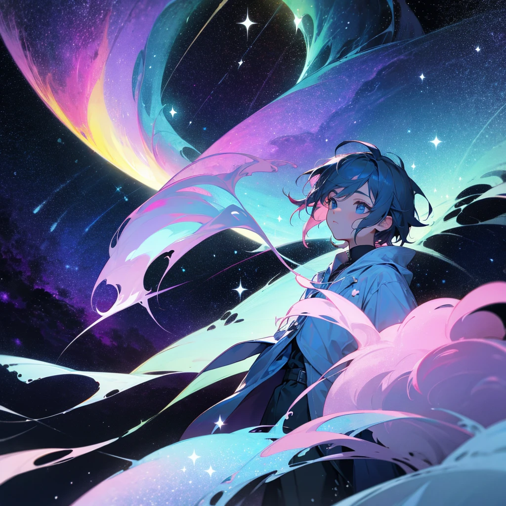 Boy with hair and eyes made of stars body made of stars, night auroras and comets with clothes made of snow