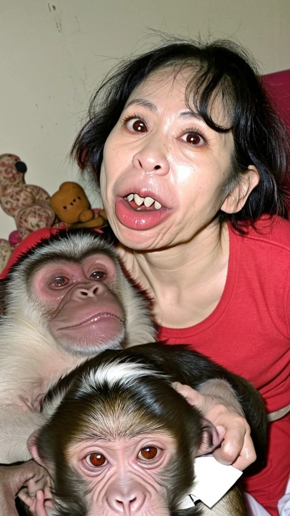 Ugly, 50 year old woman, Japanese, dirty skin, dirty hair, big gums, small eyes, red eyes, big nose, monkey face, dirty room, married to a dog, dirty dog