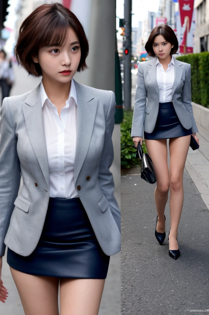 a 18 year old face of the most beautiful actress in the world, the perfect body proportions of a female, tight blazer is worn with formal shirt on female upper body, panties of female crotch between bare legs under short skirt are seen just a little, the short hair cut for a female, standing, at the city street, nsfw, best quality, highly detailed, masterpiece, ultra high res, photo realistic, 8k