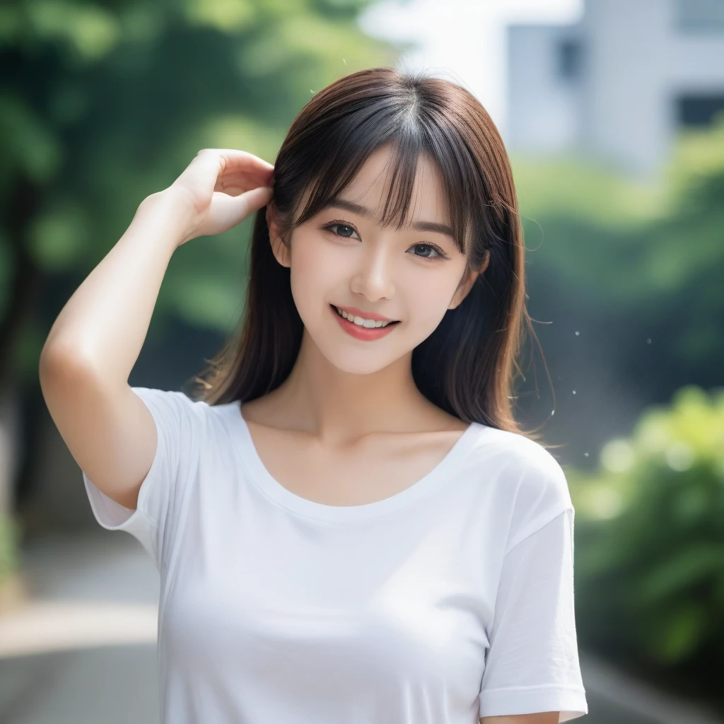 8K, Ultra-high resolution, Highest quality, masterpiece, 三分割法によるphotograph,Surreal, photograph, 1 girl, (16 years old:1.3), pretty girl, Cute face, Beautiful eyes in every detail, 細かくdetailedに,masterpiece,, One Girl:1.2, Japan Female Announcer,whole body、Black Hair、well-groomed eyebrows、Cute Lip Makeup、Urban area,Sprinkling water with a hose,summer,Sparkling sunlight,White T-shirt,Cute gestures、so beautiful,A carefree smile,Healing the heart,blunt bangs,Looking at the audience、beauty,Long neck、Laugh a little、Please close your mouth and laugh、(((Ideal body type))),A-cup small breasts :2,、Portraiture:2、Perfect Anatomy、鮮明なdetailed、detailed、Surreal、Light and shadow,Strong light