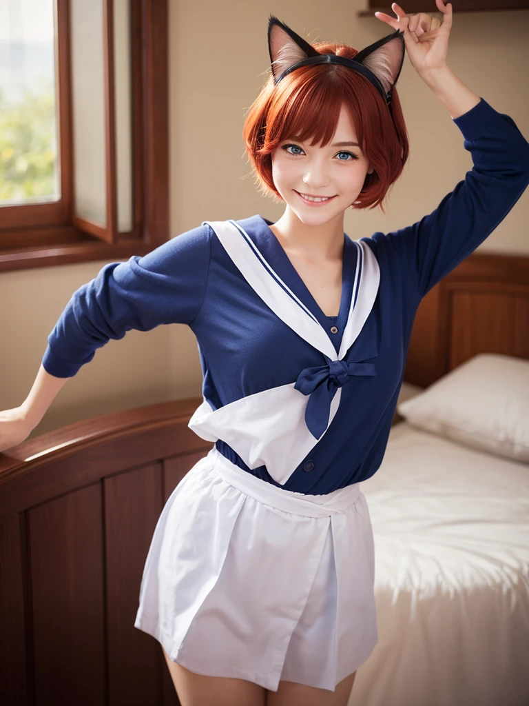 Highest quality,High resolution,1People Girl,whole body,fine,smile,looking at the camera,Bedroom,Dazzling lighting,short hair,Crimson hair,Blue eyes,Sailor suit,beautiful girl,Cat ears on the head,Cat tail on waist,smile,be happy,Landscape,