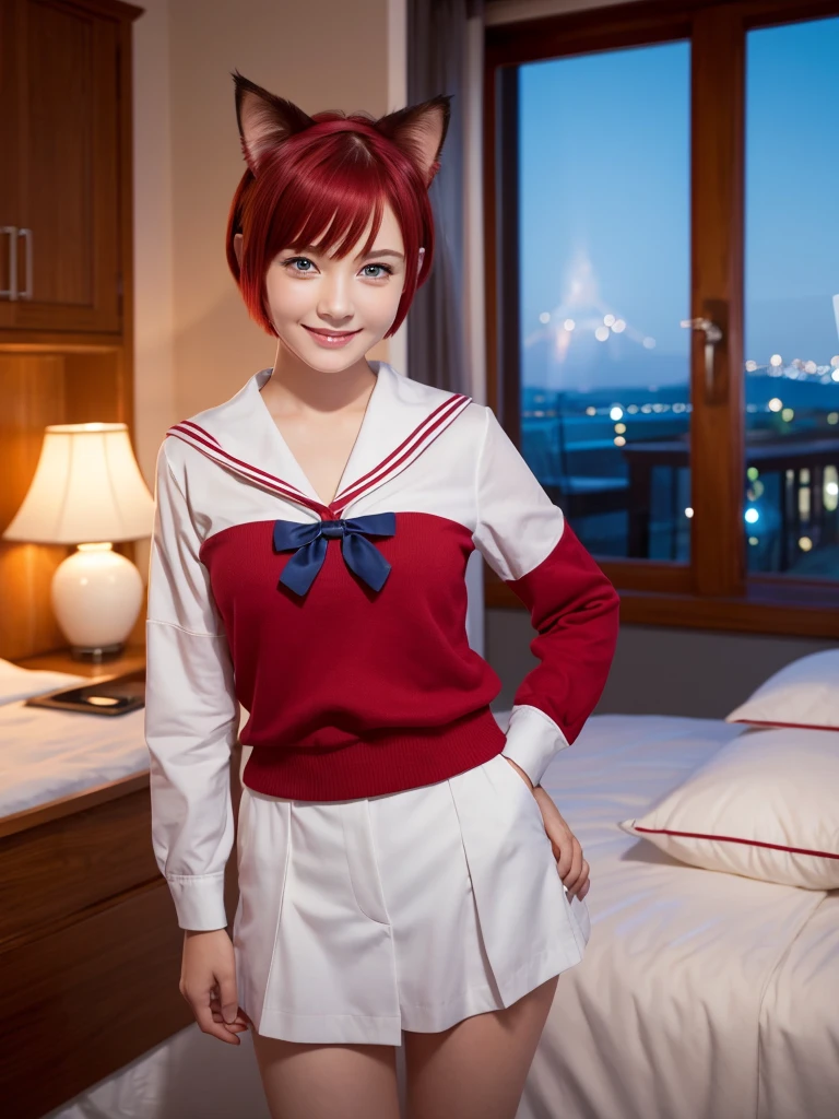 Highest quality,High resolution,１People Girl,whole body,fine,smile,looking at the camera,Bedroom,Dazzling lighting,short hair,Crimson hair,Blue eyes,Sailor suit,beautiful girl,Cat ears on the head,Cat tail on waist,smile,be happy,Landscape,