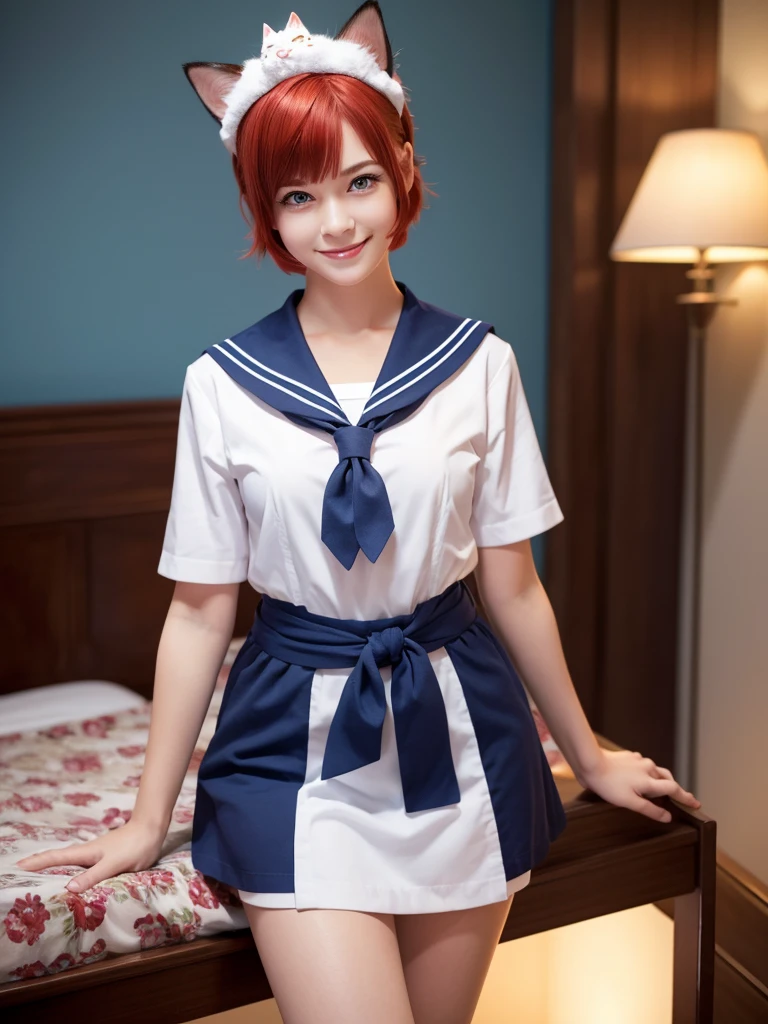 Highest quality,High resolution,１People Girl,whole body,fine,smile,looking at the camera,Bedroom,Dazzling lighting,short hair,Crimson hair,Blue eyes,Sailor suit,beautiful girl,Cat ears on the head,Cat tail on waist,smile,be happy,Landscape,