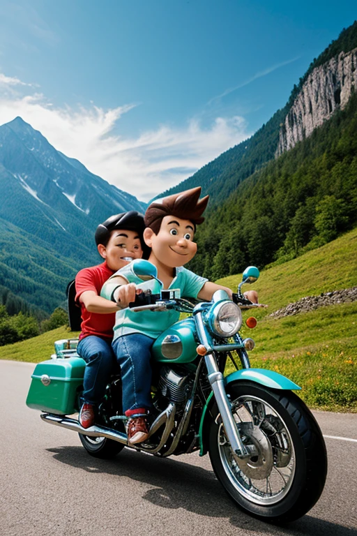Create 3d image of suneo and giant on motorcycle