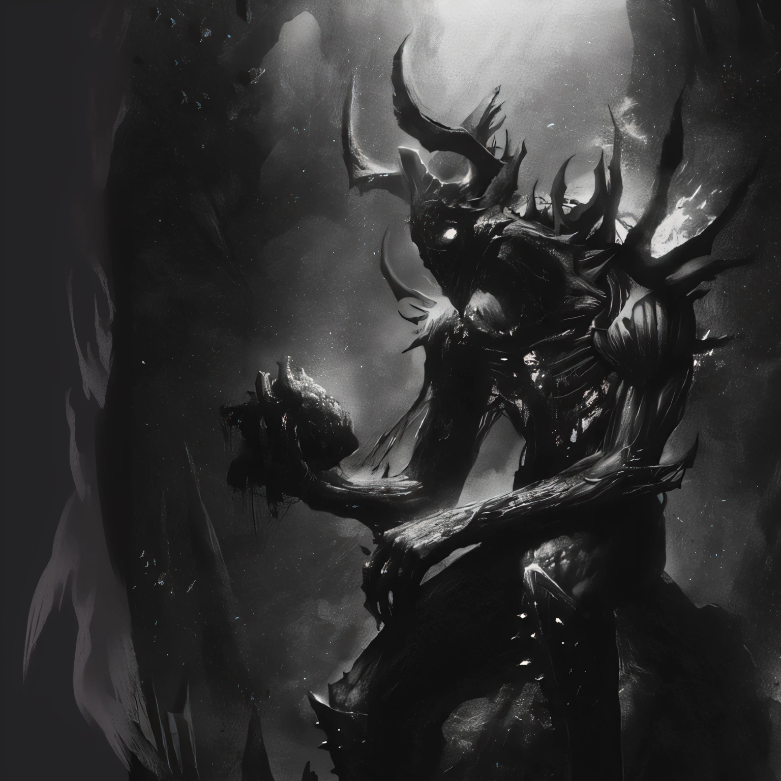 a close up of a demonic creature with a skull on his arm, dark high-contrast concept art, dark fantasy concept art, in style of dark fantasy art, dark concept art, dark fantasy illustration, dark fantasy style art, dark fantasy artwork, dark fantasy art, demon soul concept art, an ominous fantasy illustration, inspired by Aleksi Briclot, fantasy dark art