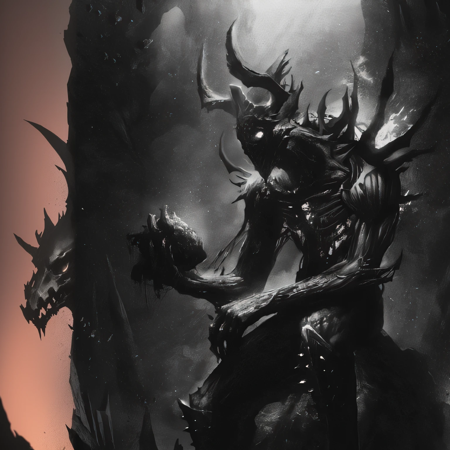 a close up of a demonic creature with a skull on his arm, dark high-contrast concept art, dark fantasy concept art, in style of dark fantasy art, dark concept art, dark fantasy illustration, dark fantasy style art, dark fantasy artwork, dark fantasy art, demon soul concept art, an ominous fantasy illustration, inspired by Aleksi Briclot, fantasy dark art