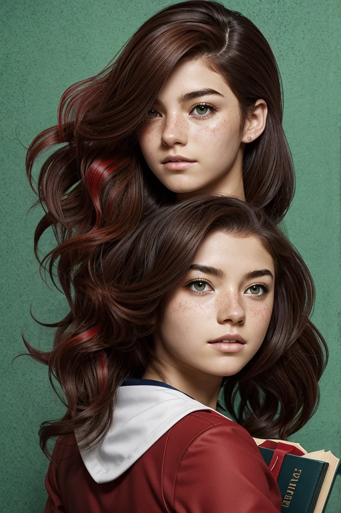 A Boku no hero style girl. Hair with waves at neck height, dark brown color with blood red highlights, with book hairstyle. Light skin with some freckles, green eyes. with the uniform of the U.A