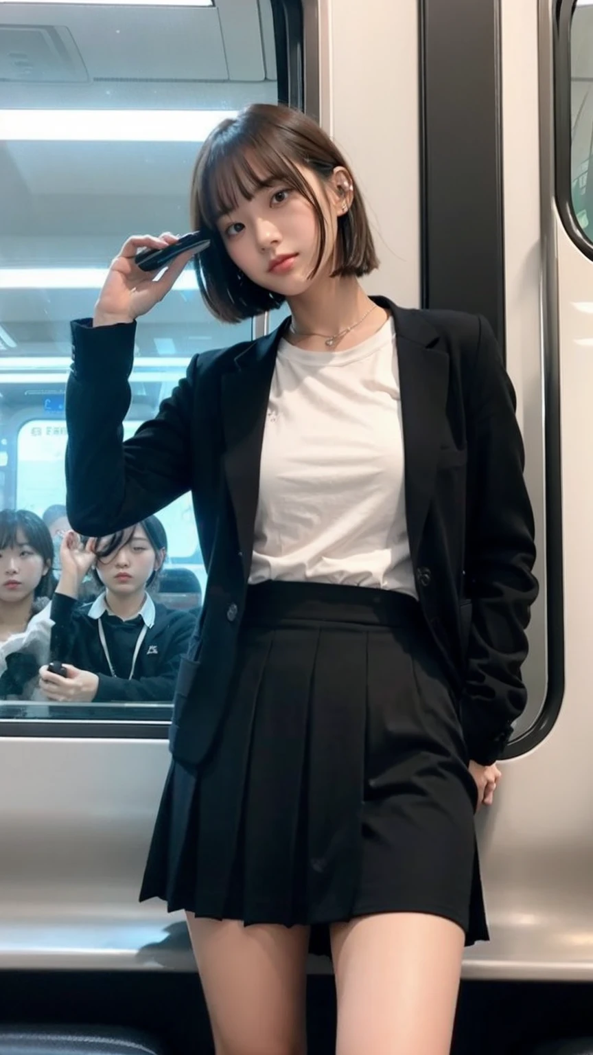 (One Girl:1.3), short hair, Japanese university students、Great face and eyes, Looking into the camera、 (Highest quality:1.4), Very detailed CG 統合 8k 壁紙, Very detailed, High-resolution RAW color photos, Professional photography, Realistic full body shot, Studio shot、Portrait of sexy girl, Open appearance, (Look down, Display in viewer:1.0), (From below:1.0),Black suit、Black Skirt、White shirt、job hunting、on the train,Shyness