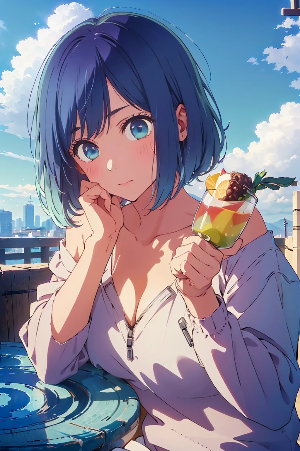 (Highest quality:1.4、8K:1.4、detailed)、F cup bust、Big Breasts、Slim body、Very white beautiful skin、((((1 person、Surprised expression、sit、Chair、In the background are the urban buildings of Tokyo、looking at the camera、Outdoor café terrace、Navy hair color、juice、Shooting up close、Shooting from an angle、table、Very cute face))))、((((nude、Areola))))、(Hand touching cheek pose:1.4、Cheek resting on hand:1.4)、(Off-the-shoulder zip-up jacket)、Very blue sky、A completely cloudless sky