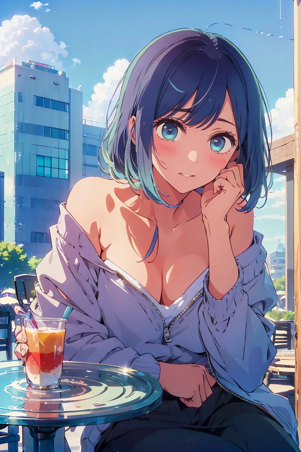 (Highest quality:1.4、8K:1.4、detailed)、F cup bust、Big Breasts、Slim body、Very white beautiful skin、((((1 person、Surprised expression、sit、Chair、In the background are the urban buildings of Tokyo、looking at the camera、Outdoor café terrace、Navy hair color、juice、Shooting up close、Shooting from an angle、table、Very cute face))))、((((nude、Areola))))、(Hand touching cheek pose:1.4、Cheek resting on hand:1.4)、(Off-the-shoulder zip-up jacket)、Very blue sky、A completely cloudless sky