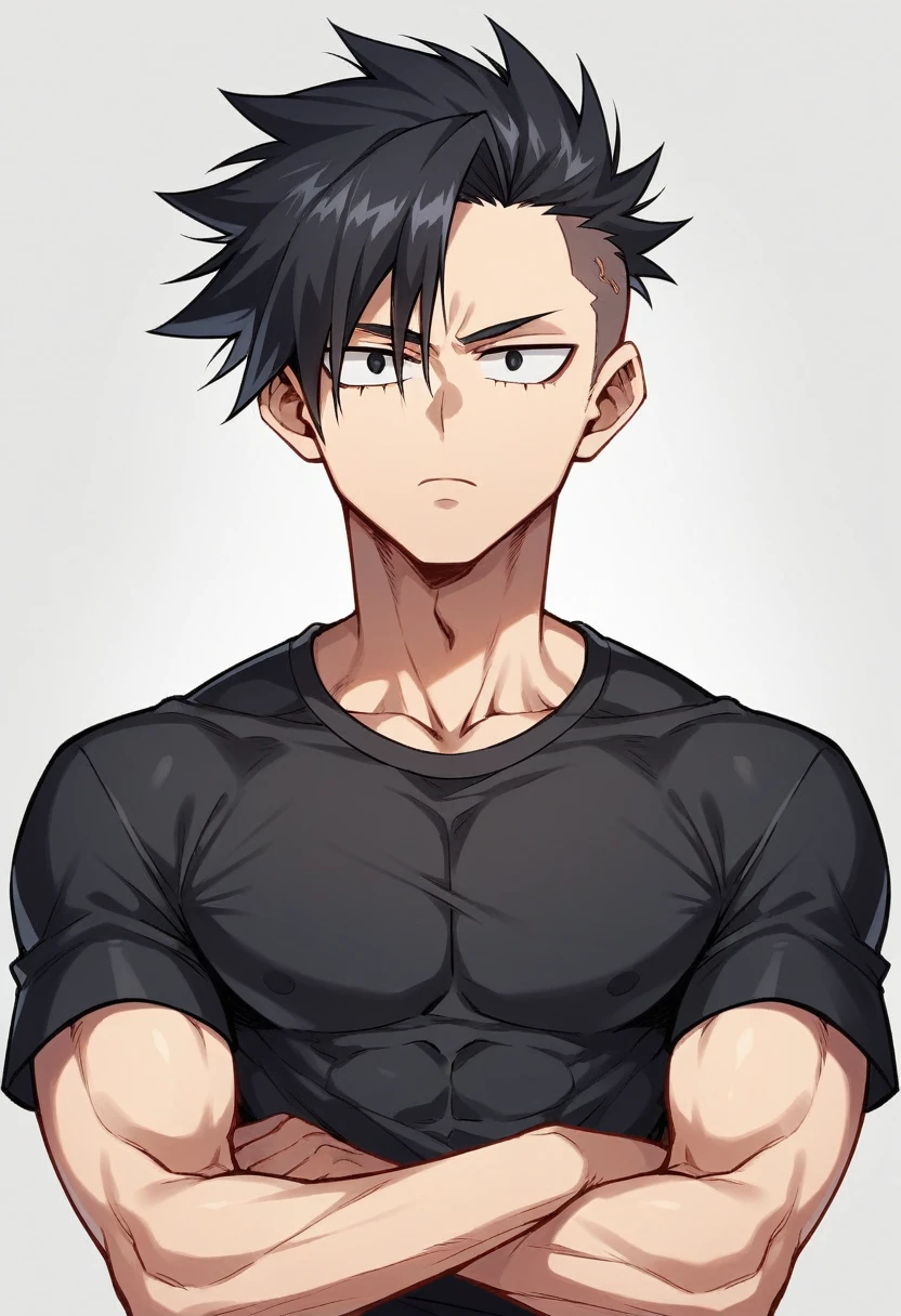 A highschool boy, handsome, perfect body, black hair, short hair, undercut, black eyes, expressionless, black shirt, anime, first-person view, My Hero Academia art style, masterpiece, anatomically correct, high details, highres, best quality, super detail, 1080P