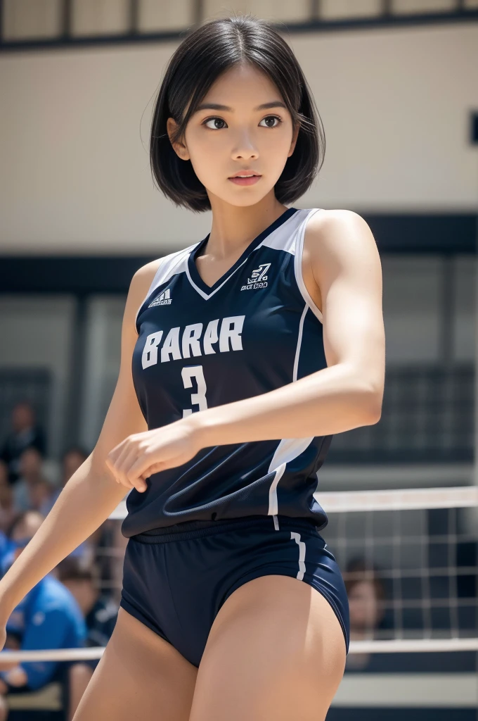 1girl, solo, volleyball player, ready stance, serving volleyball, graceful, skilled, sportswear, volleyball uniform, black hair, short hair, knee pads, elbow pads, (best quality,4k,8k,highres,masterpiece:1.2),ultra-detailed,(realistic,photorealistic,photo-realistic:1.37),professional sports photography, dynamic action, beautiful detailed eyes,beautiful detailed lips,extremely detailed eyes and face,longeyelashes