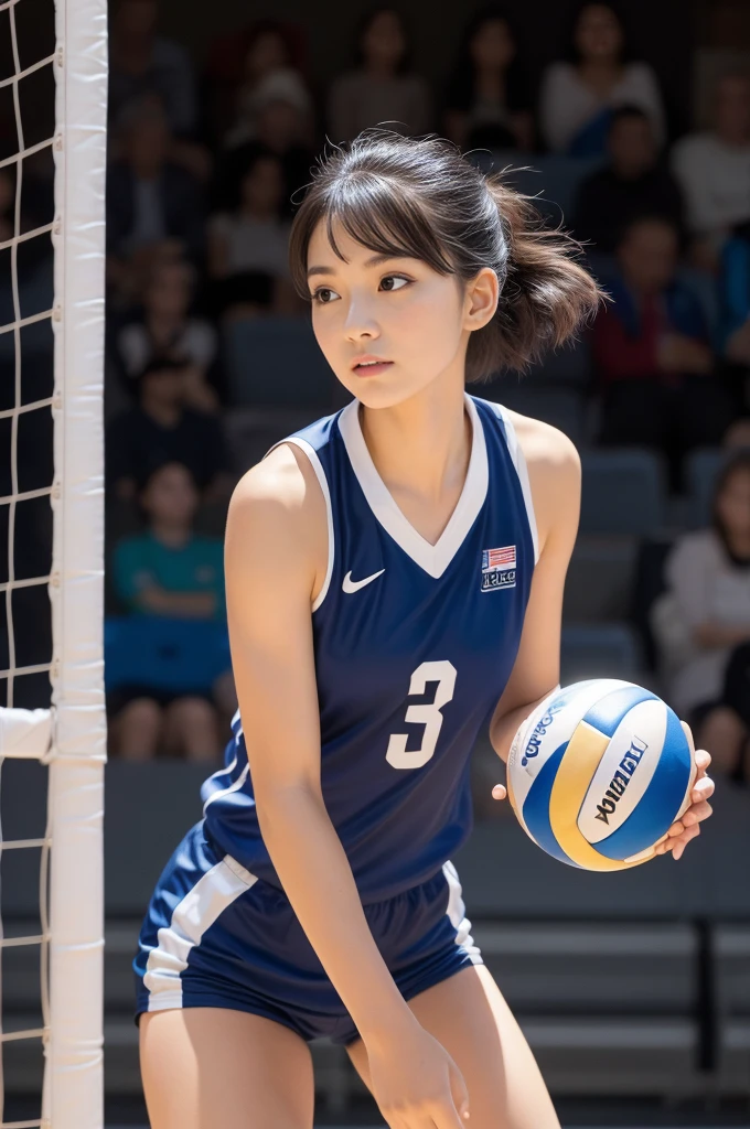 1girl, solo, volleyball player, ready stance, serving volleyball, graceful, skilled, sportswear, volleyball uniform, black hair, short hair, knee pads, elbow pads, (best quality,4k,8k,highres,masterpiece:1.2),ultra-detailed,(realistic,photorealistic,photo-realistic:1.37),professional sports photography, dynamic action, beautiful detailed eyes,beautiful detailed lips,extremely detailed eyes and face,longeyelashes