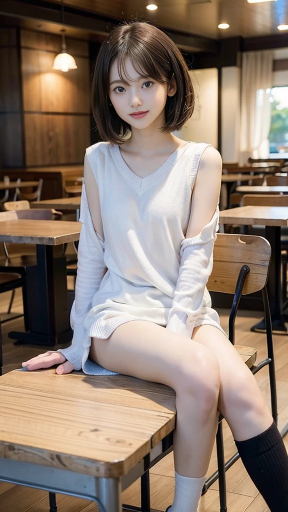 2girl, smile,(bobcut:1.2),bangs,beautiful girl,15 years old,(loli:1.2),(small brests:1.2),(skinny:1.2),highschool student,akb48,nogizaka46, (masutepiece, Best Quality:1.2), 8K, Pretty Face, Urban Cafe、cafes、Sitting in a chair,Cake and coffee on the table、Fringe hair, hime haircut, Brown hair,