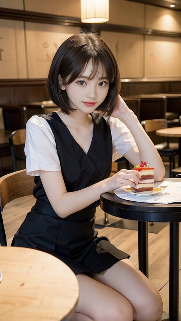 2girl, smile,(bobcut:1.2),bangs,beautiful girl,15 years old,(loli:1.2),(small brests:1.2),(skinny:1.2),highschool student,akb48,nogizaka46, (masutepiece, Best Quality:1.2), 8K,  Pretty Face, Urban Cafe、cafes、Sitting in a chair,Cake and coffee on the table、Fringe hair, hime haircut, Brown hair,
