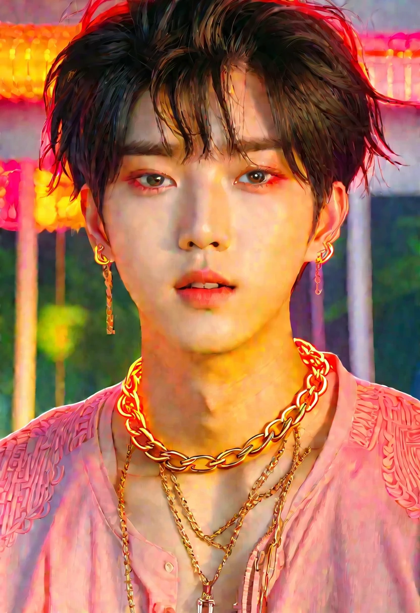 Close-up of a person with a chain around his neck, cai xukun, Jung Jaehyun, black haiRed yoongi, WAN cute Korean face, his eyes are Red and glowing, Kim Do-young, Hong Junheng, Kim Tae-jun, Xikui, his eyes glowing Red, ((Red)) Eye bags, Portrait of Blackpink member Jossi, Same hairstyle