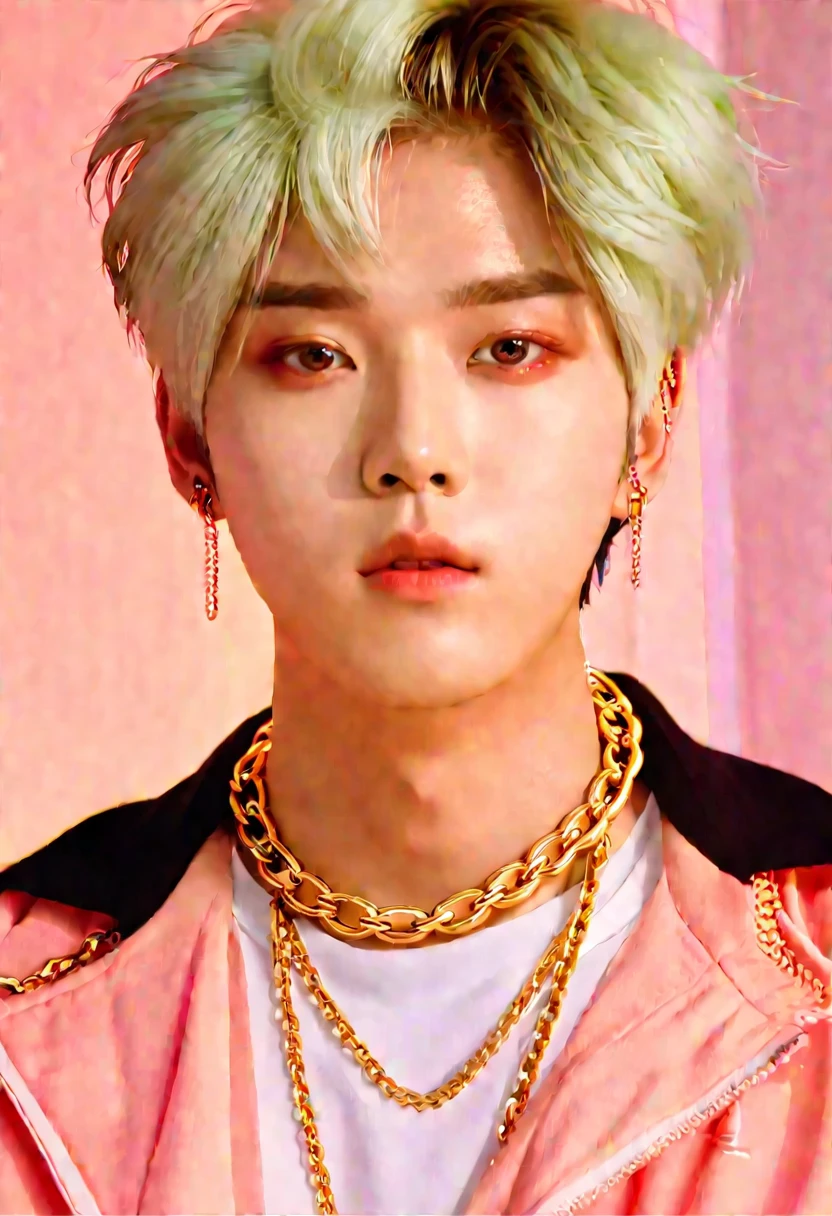 Close-up of a person with a chain around his neck, cai xukun, Jung Jaehyun, black haiRed yoongi, WAN cute Korean face, his eyes are Red and glowing, Kim Do-young, Hong Junheng, Kim Tae-jun, Xikui, his eyes glowing Red, ((Red)) Eye bags, Portrait of Blackpink member Jossi, Same hairstyle