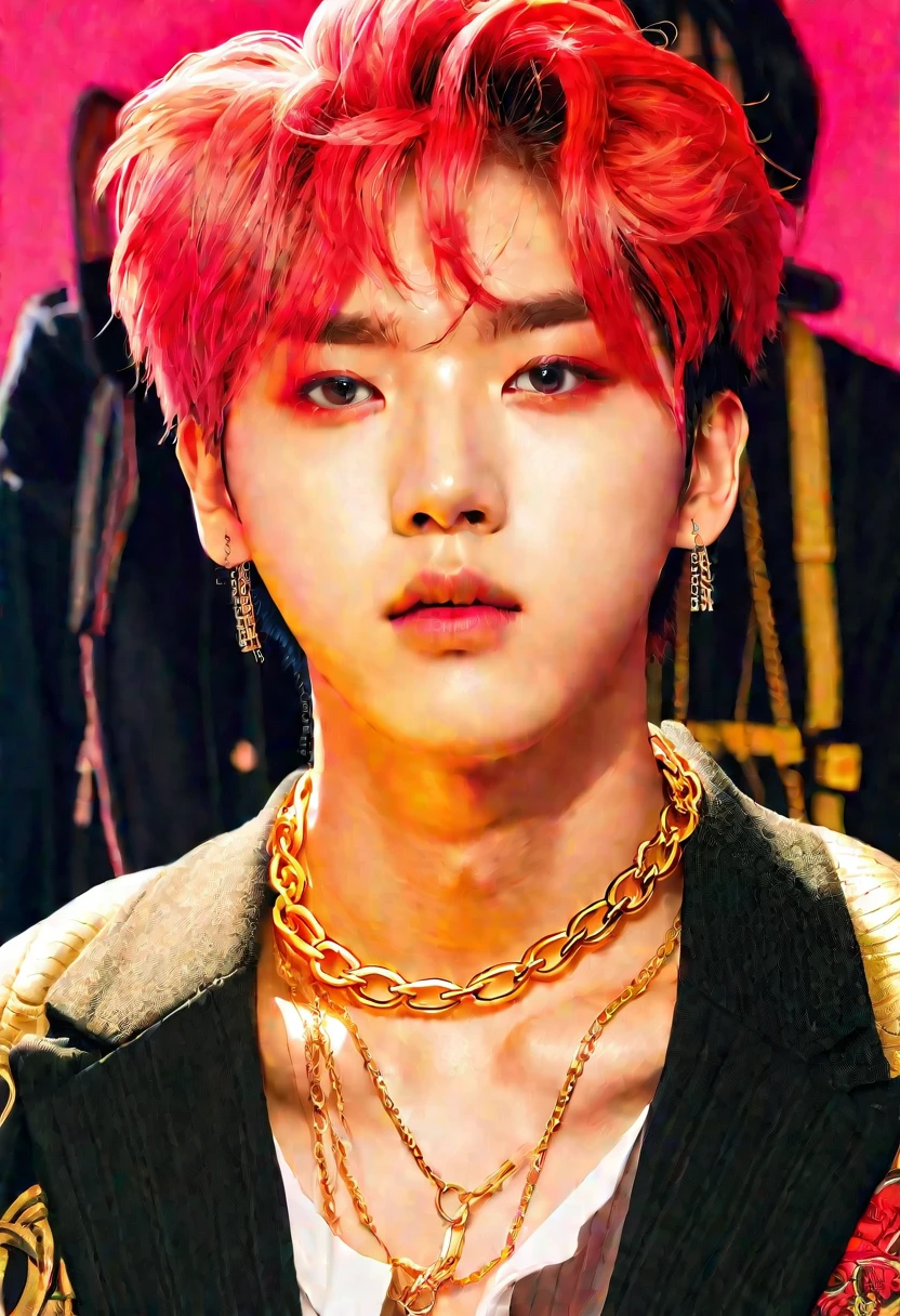 Close-up of a person with a chain around his neck, cai xukun, Jung Jaehyun, black haiRed yoongi, WAN cute Korean face, his eyes are Red and glowing, Kim Do-young, Hong Junheng, Kim Tae-jun, Xikui, his eyes glowing Red, ((Red)) Eye bags, Portrait of Blackpink member Jossi, Same hairstyle