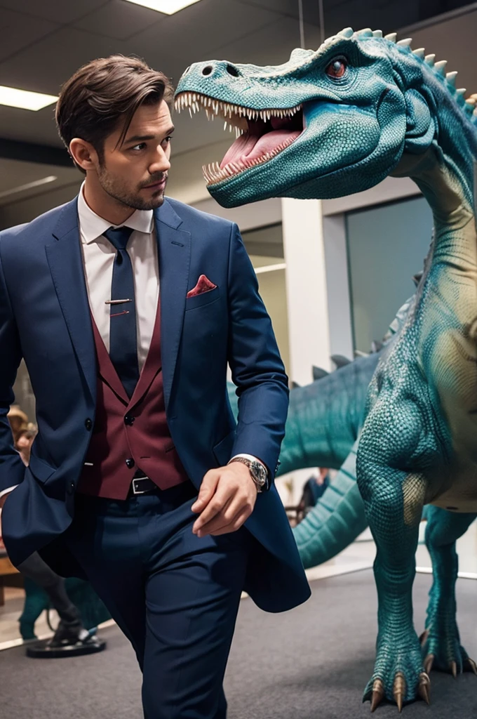 A man in a suit with a dinosaur&#39;s face