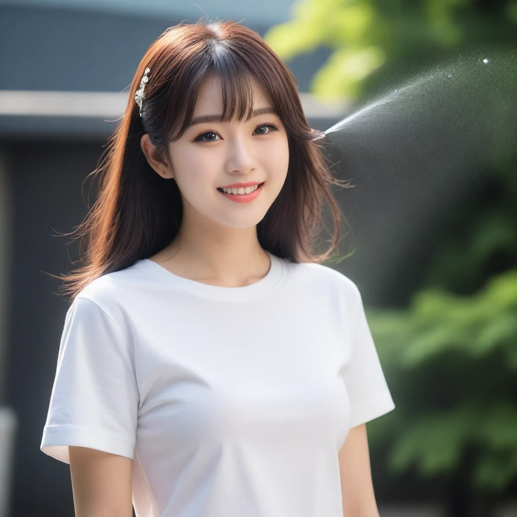 8K, Ultra-high resolution, Highest quality, masterpiece, 三分割法によるphotograph,Surreal, photograph, 1 girl, (:1.3), pretty girl, Cute face, Beautiful eyes in every detail, 細かくdetailedに,masterpiece,, One Girl:1.2, Japan Female Announcer,whole body、Black Hair、well-groomed eyebrows、Cute Lip Makeup、Urban area,Sprinkling water with a hose,summer,Sparkling sunlight,White T-shirt,Cute gestures、so beautiful,A carefree smile,Healing the heart,blunt bangs,Looking at the audience、beauty,Long neck、Laugh a little、Please close your mouth and laugh、(((Ideal body type))),A-cup small breasts :2,、Portraiture:2、Perfect Anatomy、鮮明なdetailed、detailed、Surreal、Light and shadow,Strong light