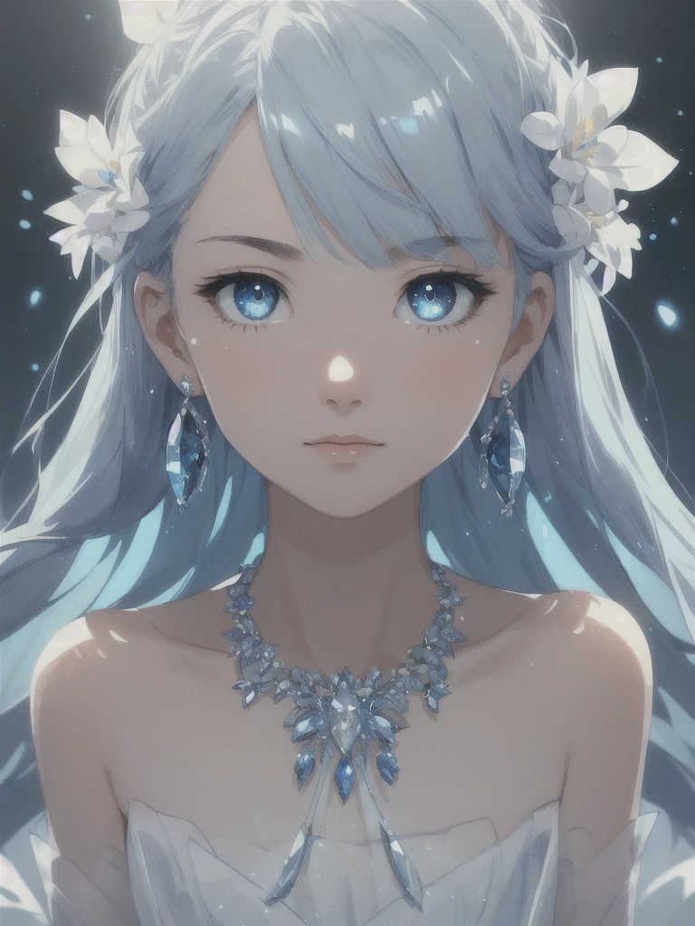 masterpiece, best quality, illustration, sax blue, platinum earrings, platinum necklace, white dress, 1girl, cute, (dynamic lighting:1.2), cinematic lighting, delicate facial features, detailed eyes, sharp pupils, realistic pupils, depth of field, bokeh, sharp focus, (hyper-detailed, bloom, glow:1.4), many small gems
