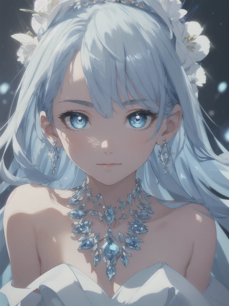 masterpiece, best quality, illustration, sax blue, platinum earrings, platinum necklace, white dress, 1girl, cute, (dynamic lighting:1.2), cinematic lighting, delicate facial features, detailed eyes, sharp pupils, realistic pupils, depth of field, bokeh, sharp focus, (hyper-detailed, bloom, glow:1.4), many small gems