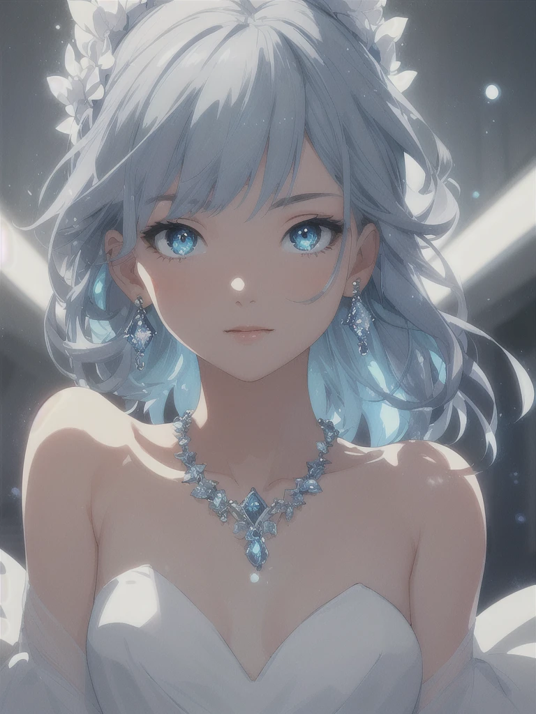 masterpiece, best quality, illustration, sax blue, platinum earrings, platinum necklace, white dress, 1girl, cute, (dynamic lighting:1.2), cinematic lighting, delicate facial features, detailed eyes, sharp pupils, realistic pupils, depth of field, bokeh, sharp focus, (hyper-detailed, bloom, glow:1.4), many small gems