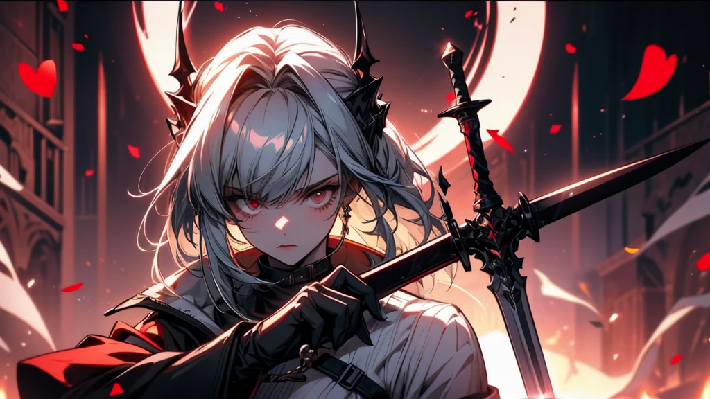 Close-up of a person holding a sword and a rose, From Arknights, A wicked Valentine's, Automated Kidney, White and red armor, Shadowverse Style, trending on artstation Pixiv, Kschaert Krentz Key Art Feminine, 8k high quality detailed art, Pixiv 3dcg, Pixiv, Gothic Maiden Anime Girl