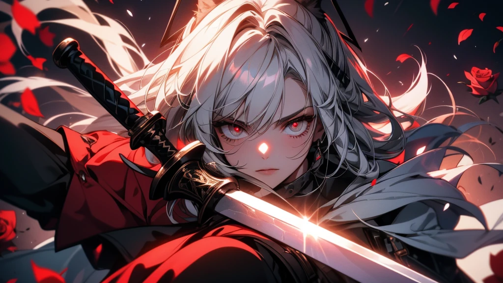 Close-up of a person holding a sword and a rose, From Arknights, A wicked Valentine's, Automated Kidney, White and red armor, Shadowverse Style, trending on artstation Pixiv, Kschaert Krentz Key Art Feminine, 8k high quality detailed art, Pixiv 3dcg, Pixiv, Gothic Maiden Anime Girl