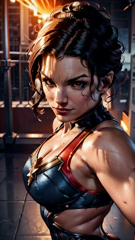 Captain Marvel(Gina Carano face), combat stance, highly detailed, vibrant appearance, creative behavior, extremly detailed, imaginative, sensual, spontaneous, small round breasts, athletic physique, round ass, revealing, highest quality, skin texture, intricate details, (cinematic lighting), RAW photo, 8k, masterpiece,best quality,ultra-detailed,very detailed illustrations,extremely detailed,intricate details,highres,super complex details,extremely detailed 8k cg wallpaper,