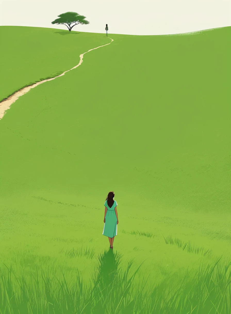 Minimalist Journey,solitary, green grassland,1 girl looking up at the sky, Minimalism, In the savannah, illustration.